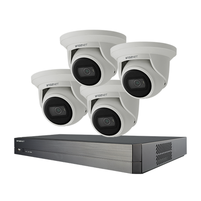 Hanwha Wisenet Q Surveillance Kit 4x Wisenet QNE-8011R / 5MP or 8MP AI FlatEye Camera, 4 Channel NVR with PoE + HDD