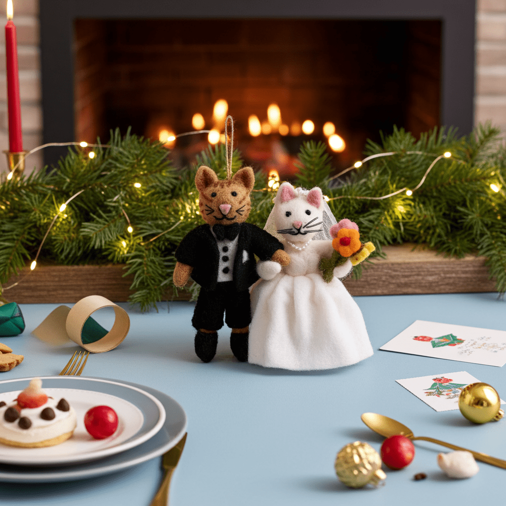 Handmade Wool Felt Wedding Cat Couple Ornament