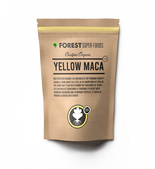 Yellow maca root pouch in kraft paper with yellow resealable top
