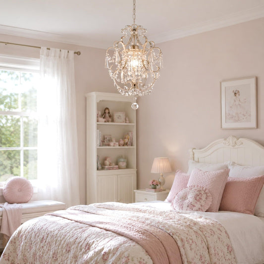 Clear crystal chandelier pendant with scalloped frame and hanging beads